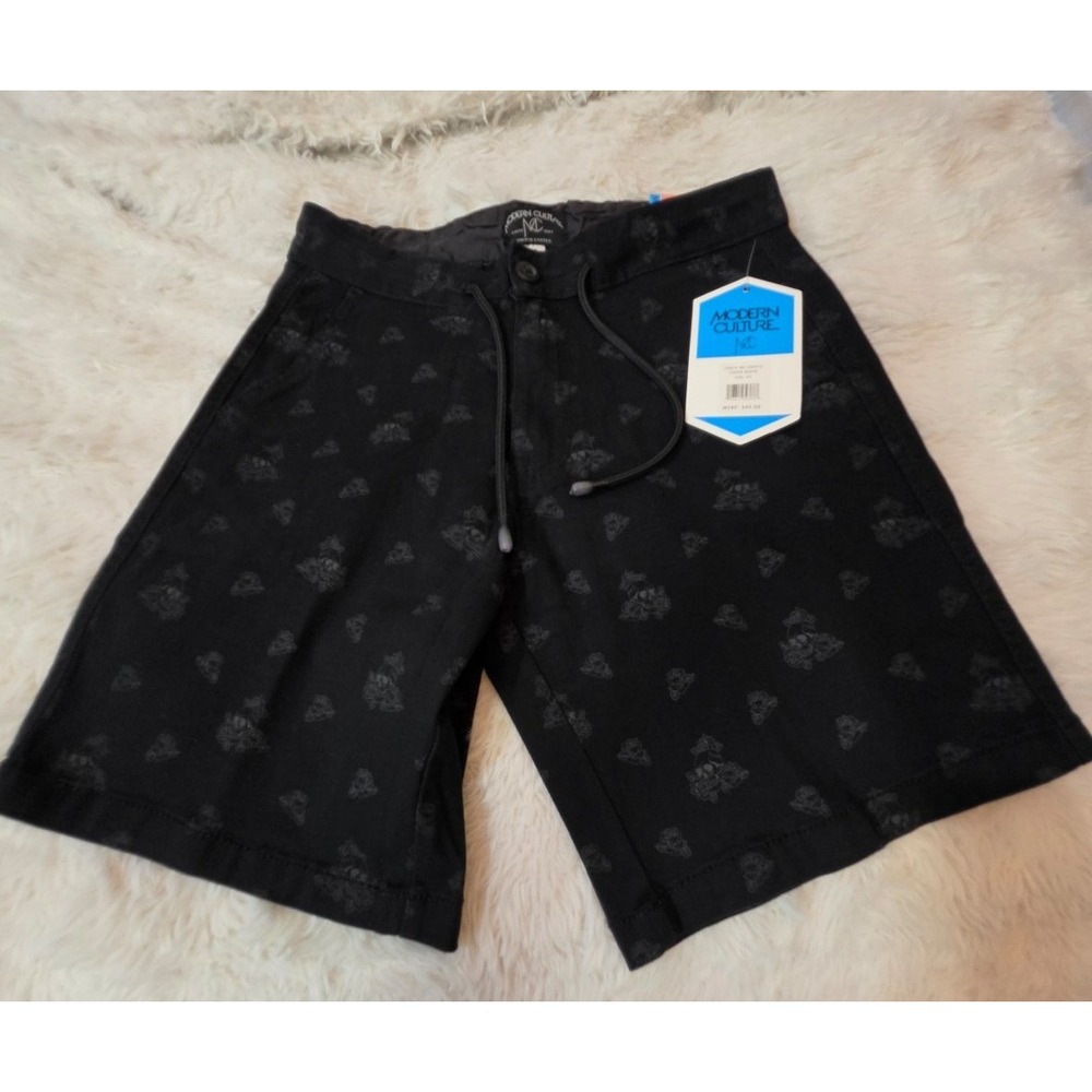 Modern Culture Men's Flat Front Chino Shorts Size 29- Black Skulls & Roses NWT